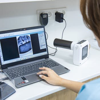 pexels-photo-9951389-9951389 Medical professional analyzing dental X-ray on laptop in modern clinic.